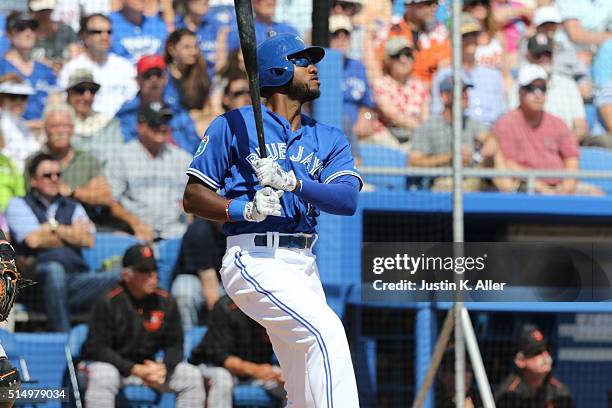 Domonic Brown of the Toronto Blue Jays during the game against the Baltimore Orioles at Florida Auto Exchange Stadium on March 4, 2016 in Dunedin,...