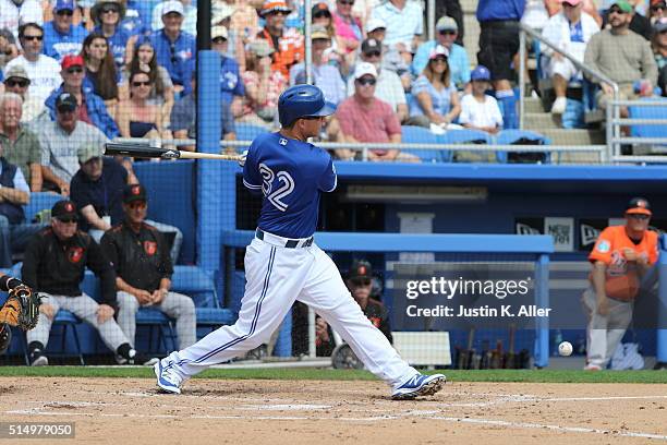 Matt Dominguez of the Toronto Blue Jays during the game against the Baltimore Orioles at Florida Auto Exchange Stadium on March 4, 2016 in Dunedin,...