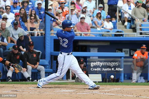 Matt Dominguez of the Toronto Blue Jays during the game against the Baltimore Orioles at Florida Auto Exchange Stadium on March 4, 2016 in Dunedin,...