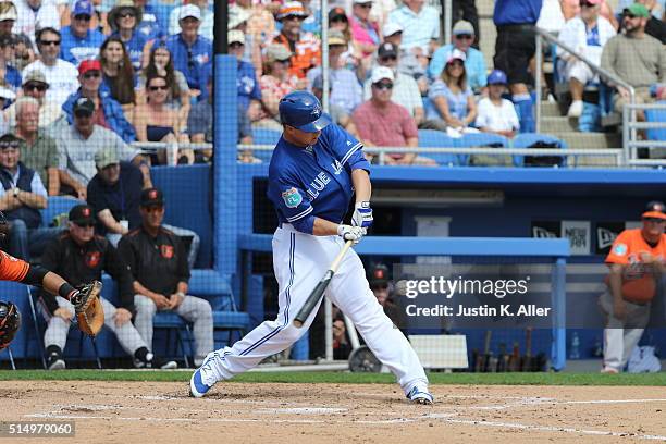 Matt Dominguez of the Toronto Blue Jays during the game against the Baltimore Orioles at Florida Auto Exchange Stadium on March 4, 2016 in Dunedin,...