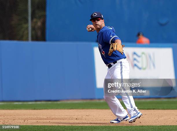 Matt Dominguez of the Toronto Blue Jays during the game against the Baltimore Orioles at Florida Auto Exchange Stadium on March 4, 2016 in Dunedin,...