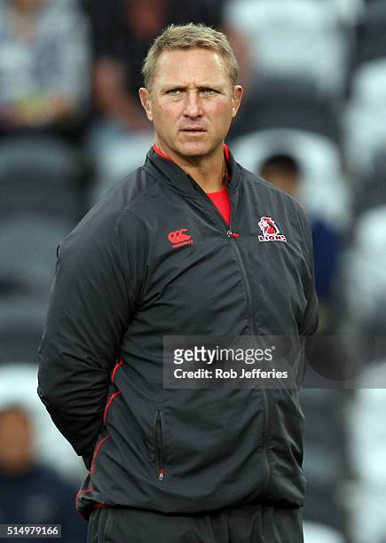 Lions coach Johan Ackermann during the round three Super Rugby match between the Highlanders and the Lions at Rugby Park on March 12, 2016 in...