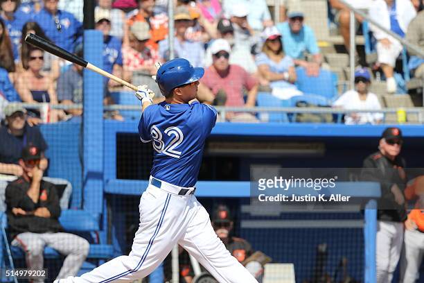 Matt Dominguez of the Toronto Blue Jays during the game against the Baltimore Orioles at Florida Auto Exchange Stadium on March 4, 2016 in Dunedin,...