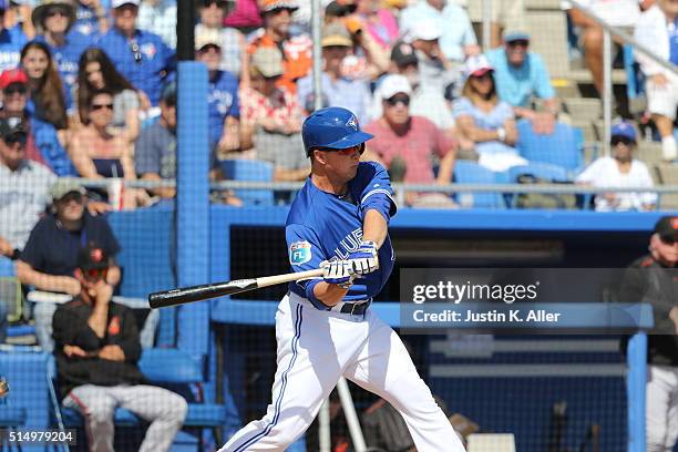 Matt Dominguez of the Toronto Blue Jays during the game against the Baltimore Orioles at Florida Auto Exchange Stadium on March 4, 2016 in Dunedin,...