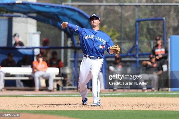 Matt Dominguez of the Toronto Blue Jays during the game against the Baltimore Orioles at Florida Auto Exchange Stadium on March 4, 2016 in Dunedin,...