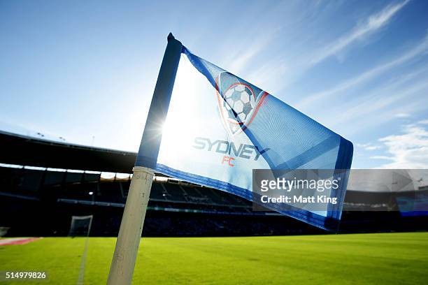 Sydney FC corner flag is seen before during the round 23 A-League match between Sydney FC and the Wellington Phoenix at Allianz Stadium on March 12,...