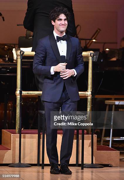 Actor/musician Darren Criss performs at The New York Pops: Darren Criss and Betsy Wolfe In Concert at Carnegie Hall on March 11, 2016 in New York...