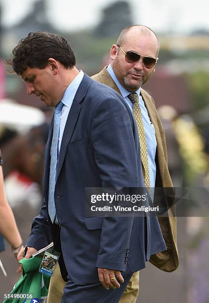 Trainer Peter Moody and Chairman of Stewards Terry Bailey after discussing why Pasadena Girl was declared a starter after missing the start in Race...