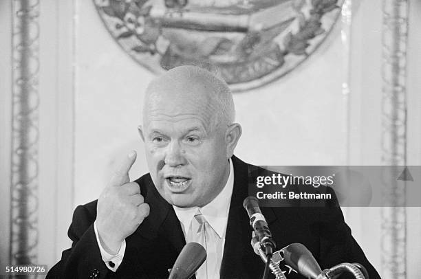 Soviet Premier Nikita Khrushchev makes a point during a press conference at the National Press Club.
