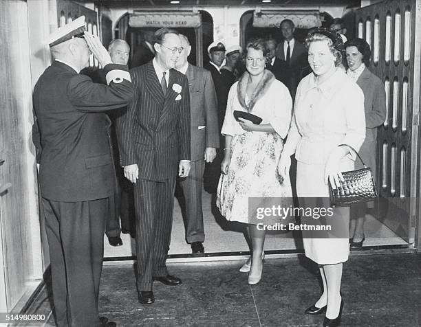 Departs for United States. Rotterdam, Netherlands: Princess Beatrix of the Netherlands boards the liner Rotterdam here as Captain C. Mowman of the...