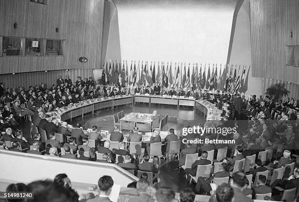 Tokyo: Kishi Welcomes Delegates. Japanese Prime Minister Nobuske Kishi , gives a speech of welcome to delegates to the 15th general meeting of GATT ,...