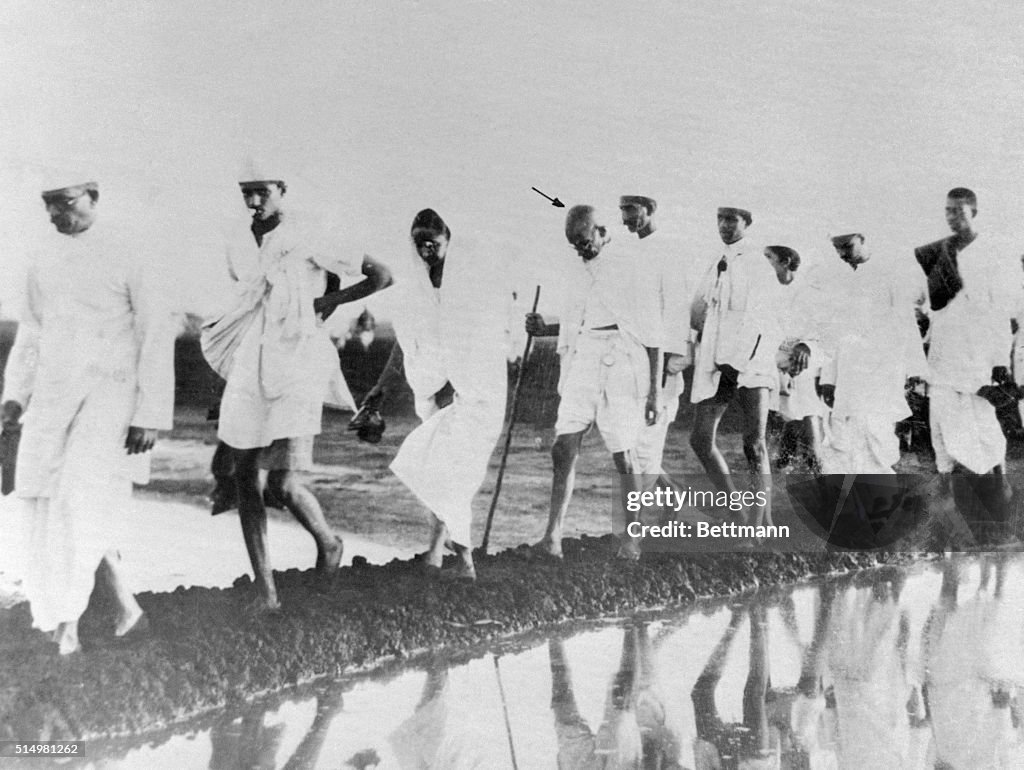 Mahatma Gandhi Walking to Shoreline During Salt Protest