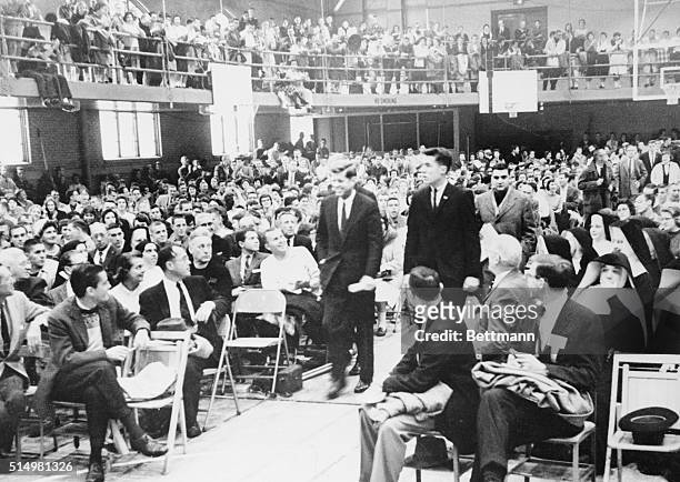 Senator John F. Kennedy arriving at Marquette University where he spoke to students and faculty. He will give the key note speech at the State...