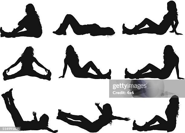 various poses of happy woman - lying down stock illustrations