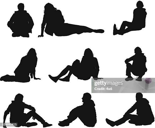 people in casual wear sitting on floor - sitting on ground stock illustrations