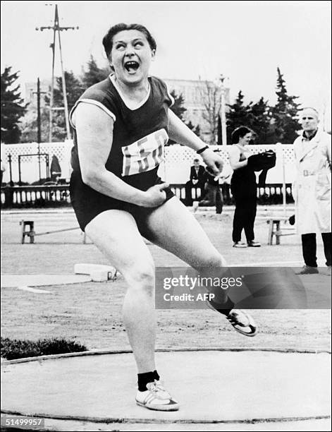 Soviet Tamara Press competes during the discus event at an athletics meeting in Adler on the Black Sea, May 1963, with a throw of 56,63 meters....