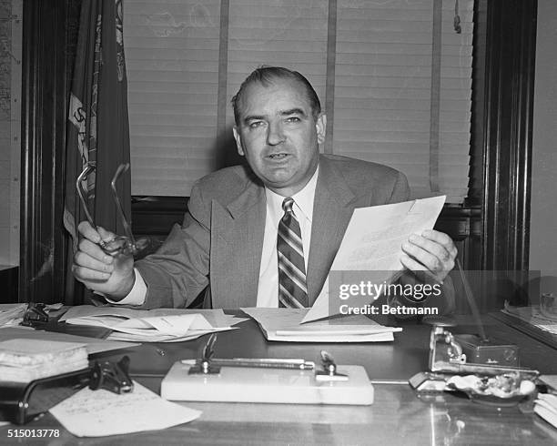 Senator Joseph McCarthy, , Wisconsin is shown as he charged that three of the six Senators who investigated censure charges against him committed "a...