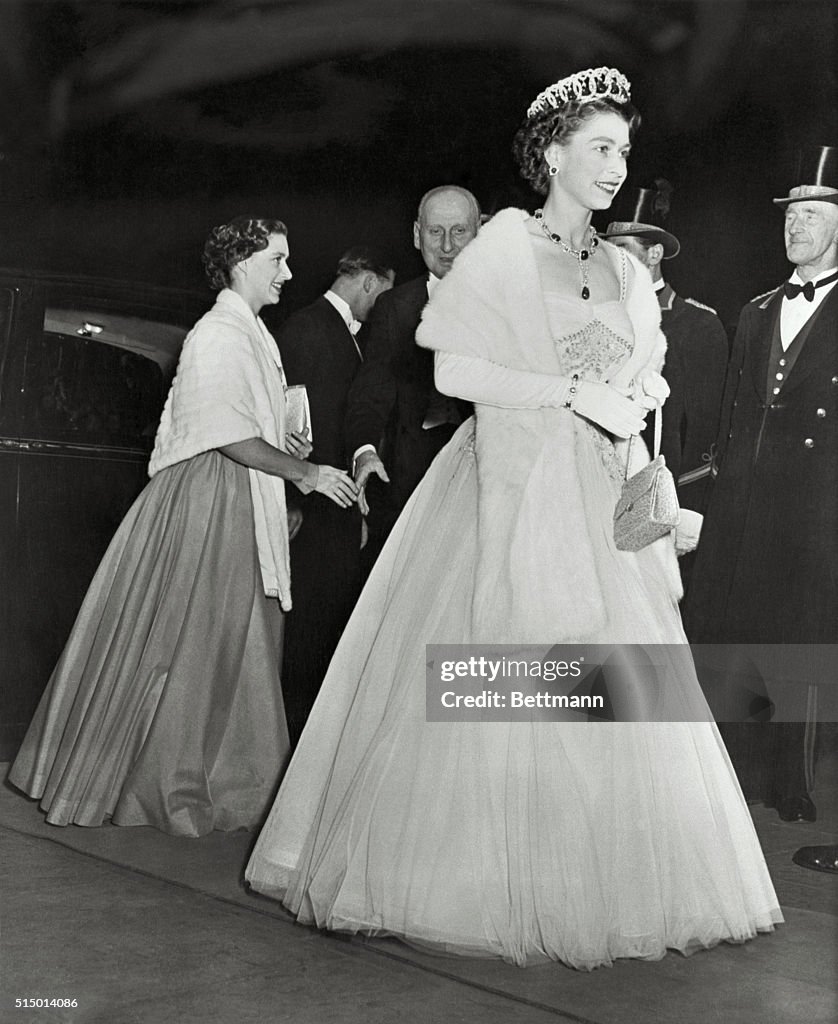 Queen Elizabeth and Princess Margaret Greeting Guests
