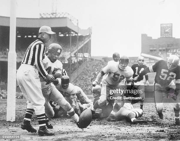 Scramble for fumble. New York, New York: Tunnell and John Cannady of the Giants, and Frank Gatski of the Browns make a mad dash to recover a fumble...