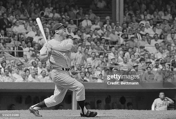 Date filed 8/6/1961 New York, NY-ORIGINAL CAPTION READS: Yankees' slugger Mickey Mantle, creeping up on Babe Ruth's homerun record, is about to blast...