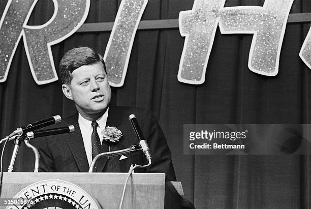 President Kennedy gives a speech at the Buckeye Building for Ohio Governor Michael DiSalle's birthday celebration. 3,500 persons attended the...