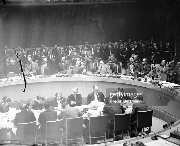 Ambassador to the U.N., Henry Cabot Lodge, , is shown as he addressed the security Council Meeting on the Suez Canal crisis. Looking toward Lodge...