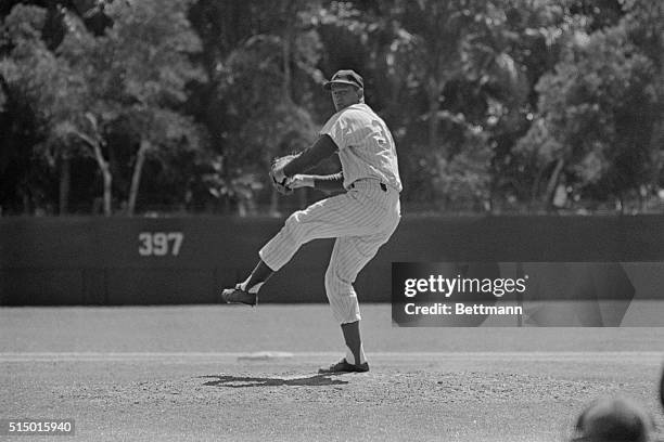 Roger Craig, who formerly toiled on the mound for the Los Angeles Dodgers, and who now works for the New York Mets, shows his pitching form here...