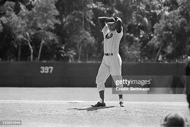 Roger Craig, who formerly toiled on the mound for the Los Angeles Dodgers, and who now works for the New York Mets, shows his pitching form here...