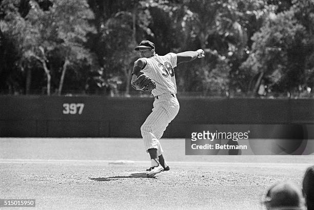 Roger Craig, who formerly toiled on the mound for the Los Angeles Dodgers, and who now works for the New York Mets, shows his pitching form here...