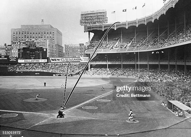 Photo diagram showing how New York Yankee slugger Mickey Mantle's 19th and 20th homers were hit during the Yankee's doubleheader with the Washington...