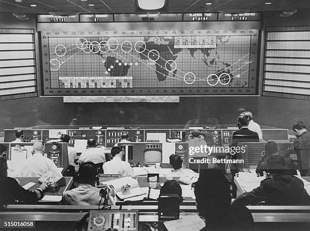 Mercury Control Board. Cape Canaveral, Fla.: This is the general view inside the Mercury Control Center during John Glenn's first orbit of the earth...