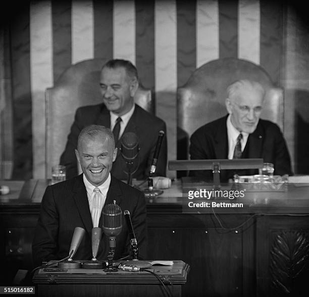 Washington: Astronaut John Glenn, Jr., shown here in this two picture combo, addresses a joint meeting of Congress on Capital Hill. Prior to the...