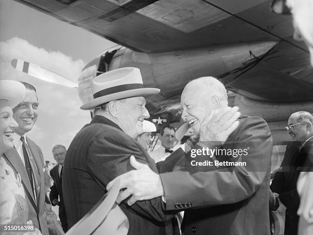 The feeling in mutual. Waco, Texas: President Eisenhower gets a warm welcome from wealthy Texas oil man Sid Richardson on his arrival in Waco...