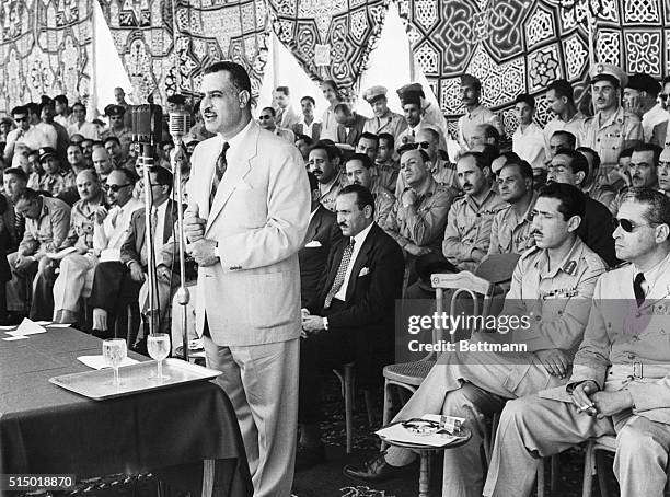 Cairo, Egypt- Egyptian President Gamal Abdel Nasser is addressing Air Force cadets at Bilbeis after foreign pilots on the Suez Canal walked out. He...