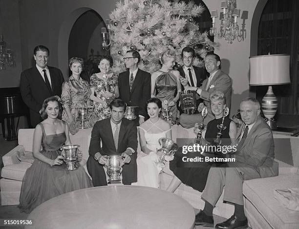 Modern Screen awarded 1956 presentation, televised on the Ed Sullivan show, Dec. 2, 1956. Left to right; Front row; Victoria Shaw, Tony Perkins,...