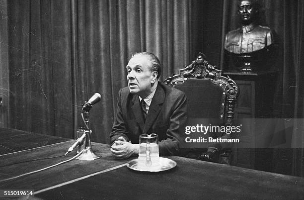 Argentine poet Jorge Luis Borges holds a press conference while in Madrid, Spain. | Location: Madrid, Spain.