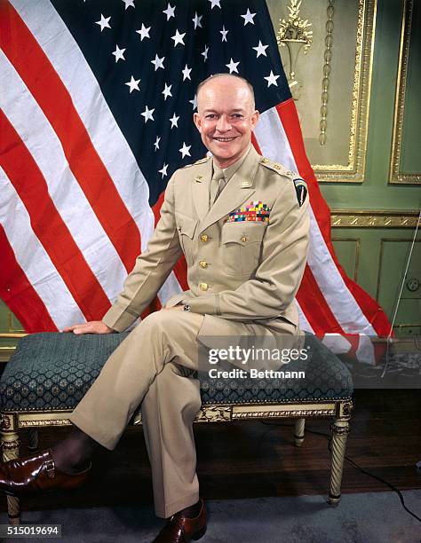 New York: General of the Army and Supreme Commander, Dwight D. Eisenhower sat for this portrait during a press conference at the Waldorf Astoria...