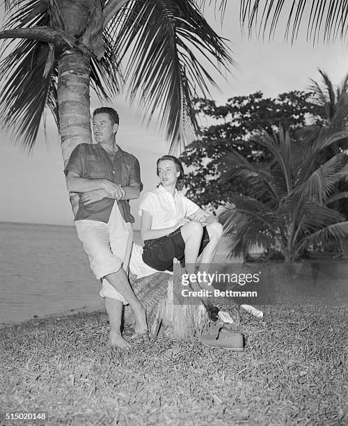 Errol Flynn and his fiancee, Princess Irene Chica are shown on Navy Island, a private little island owned by Flynn. There are no homes on the island...