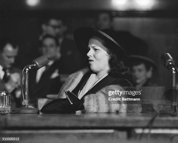 Virginia Hill, girlfriend of Las Vegas mobster Ben "Bugsy' Siegel, testifies before the Kefauver organized crime hearings in New York.