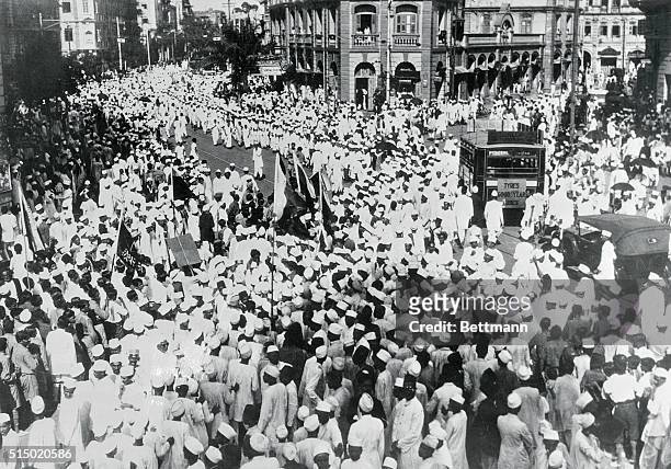 Procession, two miles in length as it passed through Sandhurst Road, Bombay, India, when the Congress working Committee organized a demonstration...