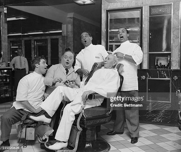 The terminal Barber Shop at the Hotel Statler took on the aspect of real old times today, as four Met stars donned barber uniforms and teamed up in a...