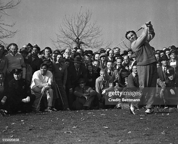 John Montague, Hollywood's mystery gift to golf, lets his face tell just how he feels after his club hits a crowding spectator on the sixth green at...