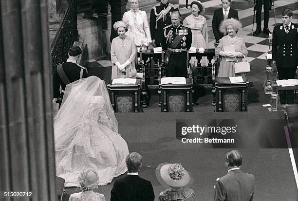 Photo shows Prince Charles and Diana Spencer standing before a platform during their wedding, held at St. Paul's Cathedral.