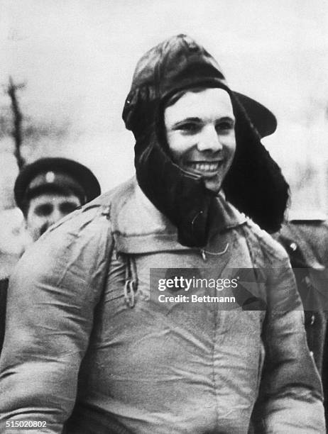 Moscow, Russia- Spaceman Yuri Gagarin smiles broadly from the confines of his fur-lined hat after successfully returning from his epoch-making space...