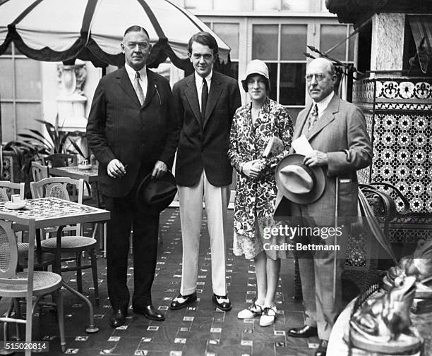 Photo shows L. To R. Hugh Bancroft, editor of the Wall Street Journal, Mr. Harold Haverland of France, Jane Bancroft, daughter of Hugh Bancroft, and...