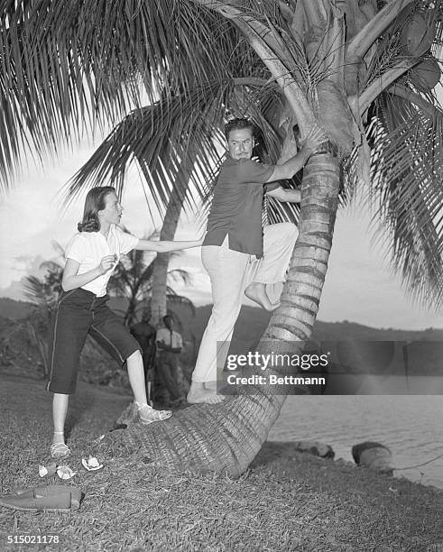 Errol Flynn and his fiancee, Princess Irene Chica are shown on Navy Island, a private little island owned by Flynn. There are no homes on the island...