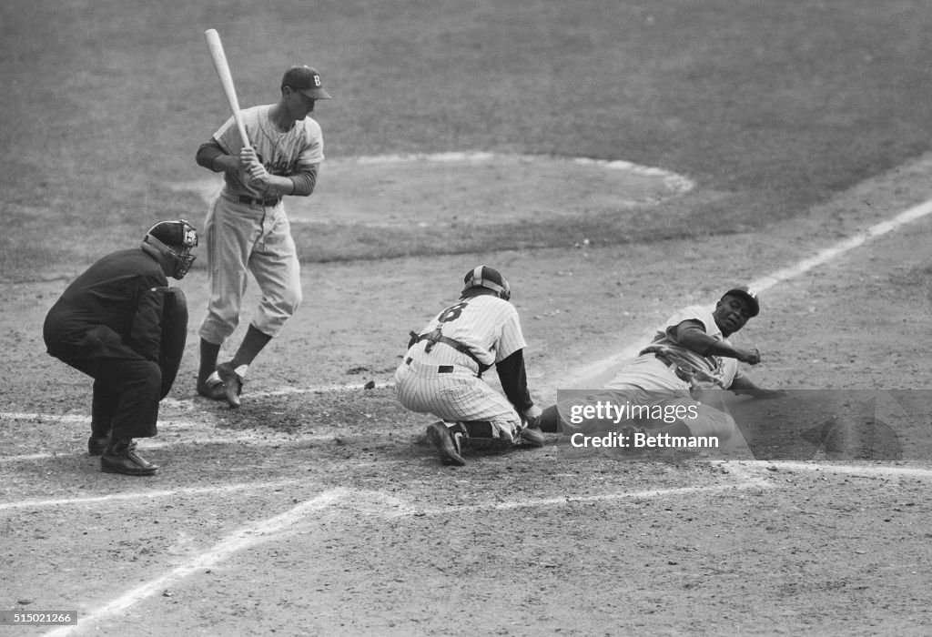 Jackie Robinson Sliding Home During 1955 World Series