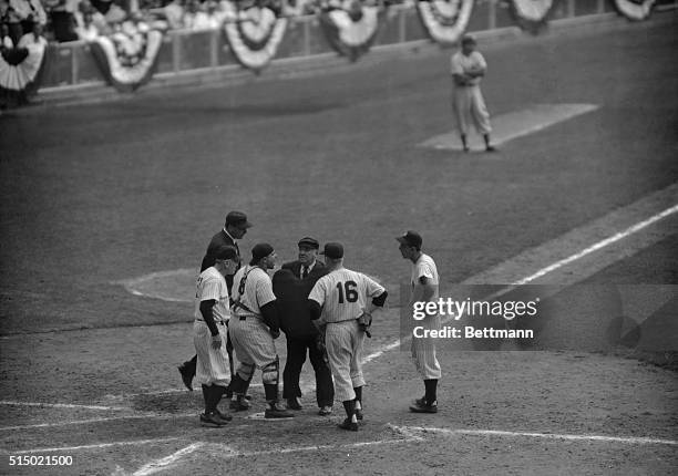 Yankee catcher Yogi Berra, who thought he put the tag on Dodger Jackie Robinson when the latter stole home in the eighth inning of the opening series...