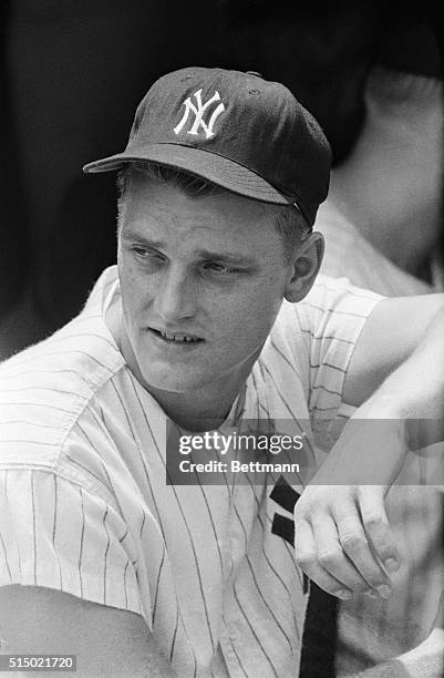 Waist up photo of Roger Maris, right-fielder for the NY Yankees, shown in his NY Yankees uniform.