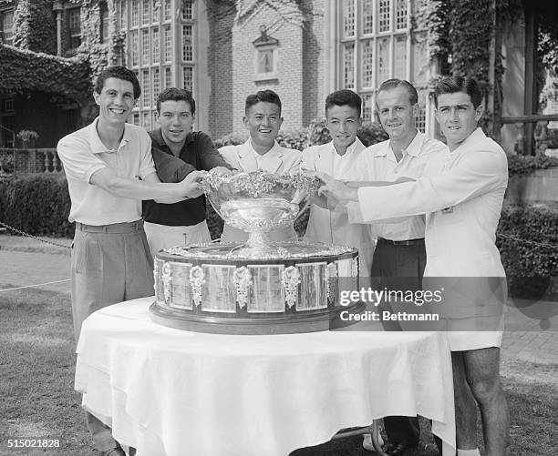 Object of Their "Courtship." Glen Cove, Long Island, New York: Tennis stars of three countries pose with the object of their competition -- the...